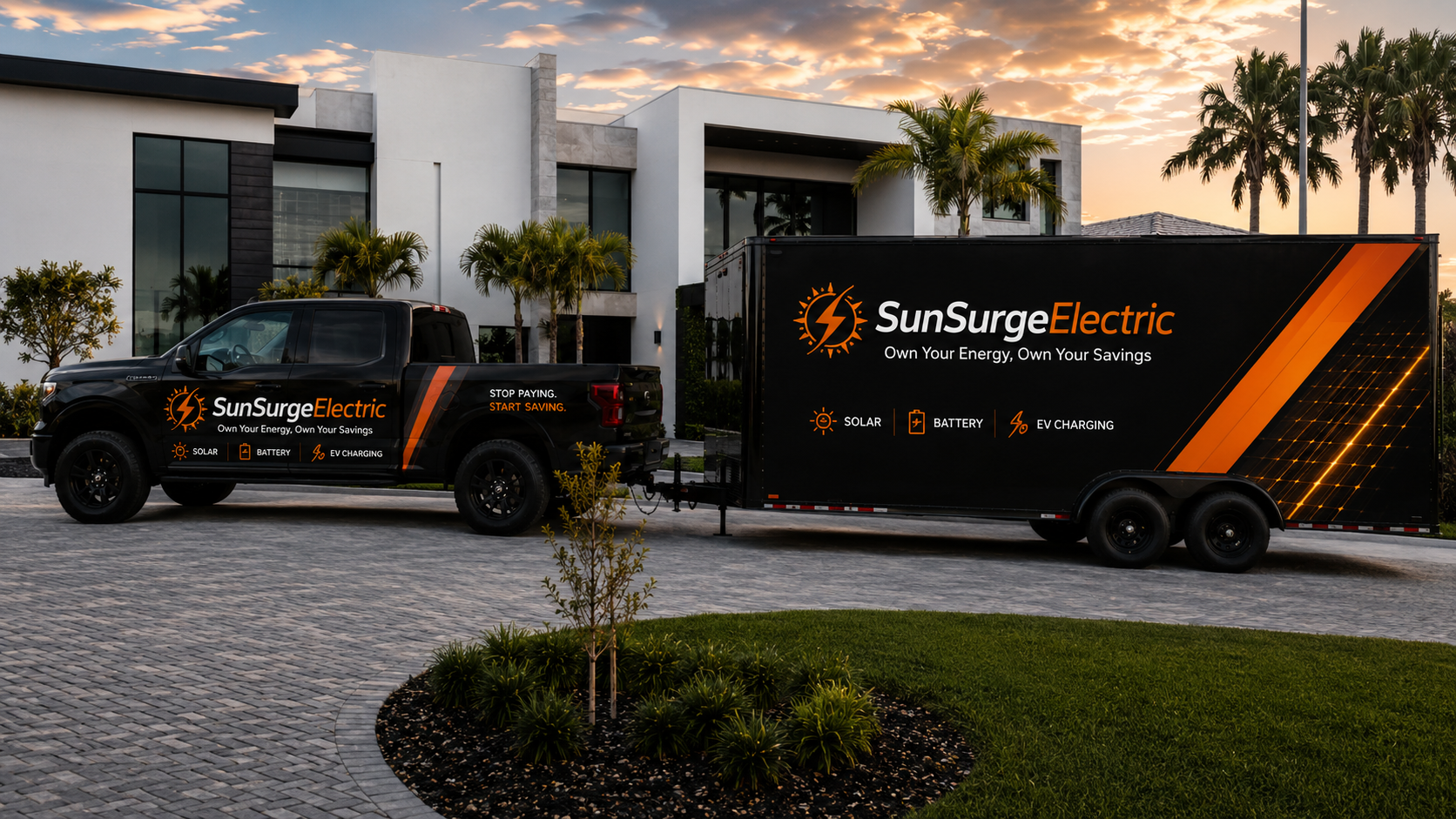SunSurge Electric branded truck and trailer parked at a modern Florida home at sunset
