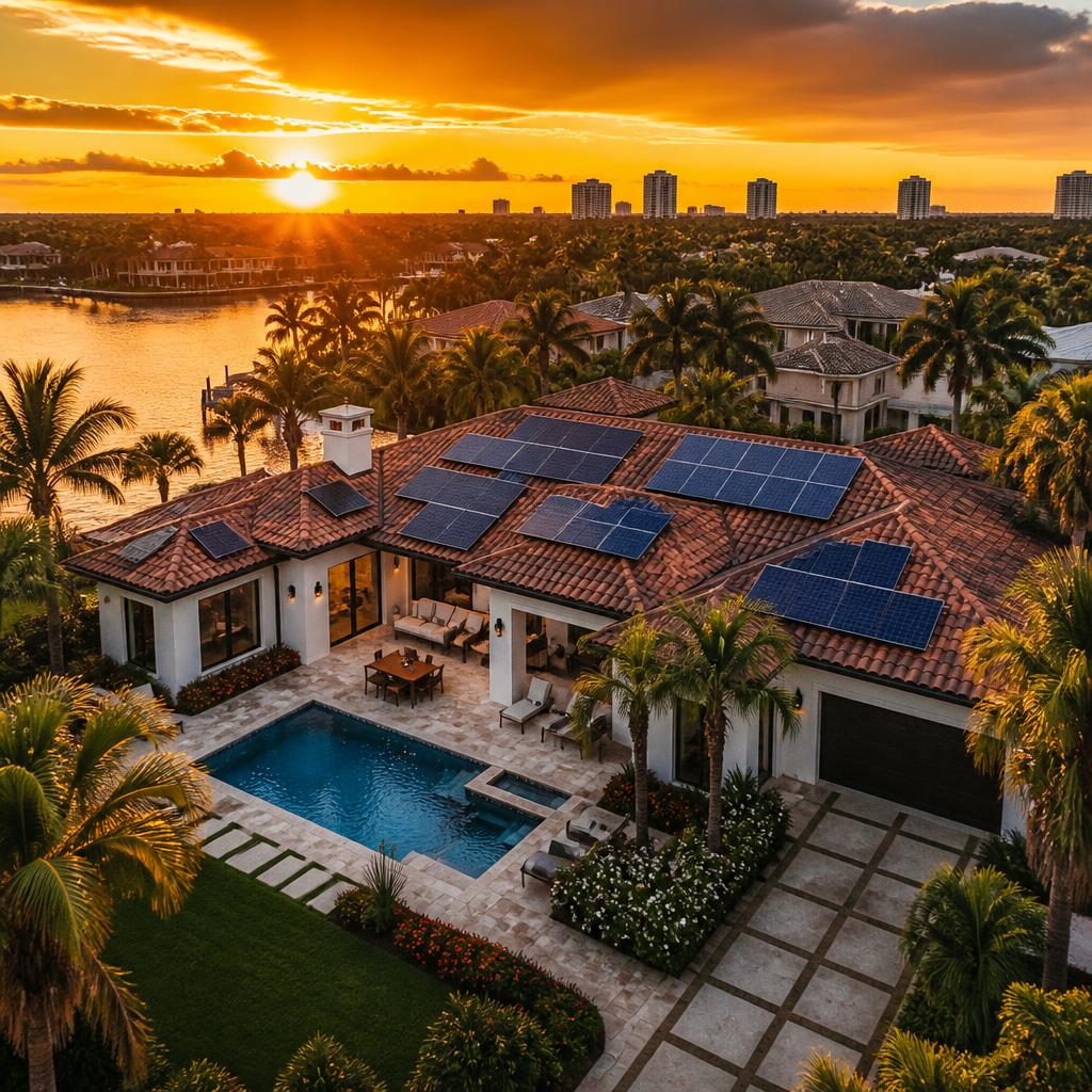 Florida home with solar panels at sunset