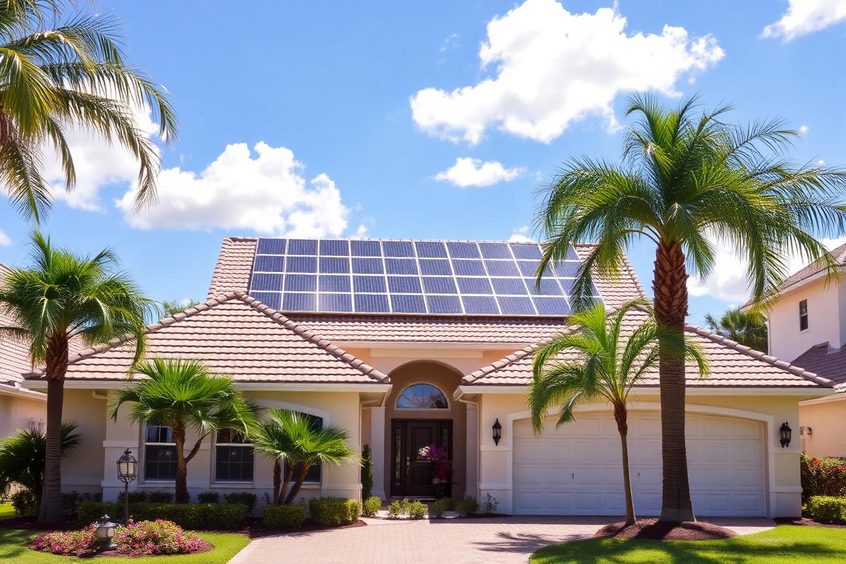 Rooftop solar panels under a bright Florida sky