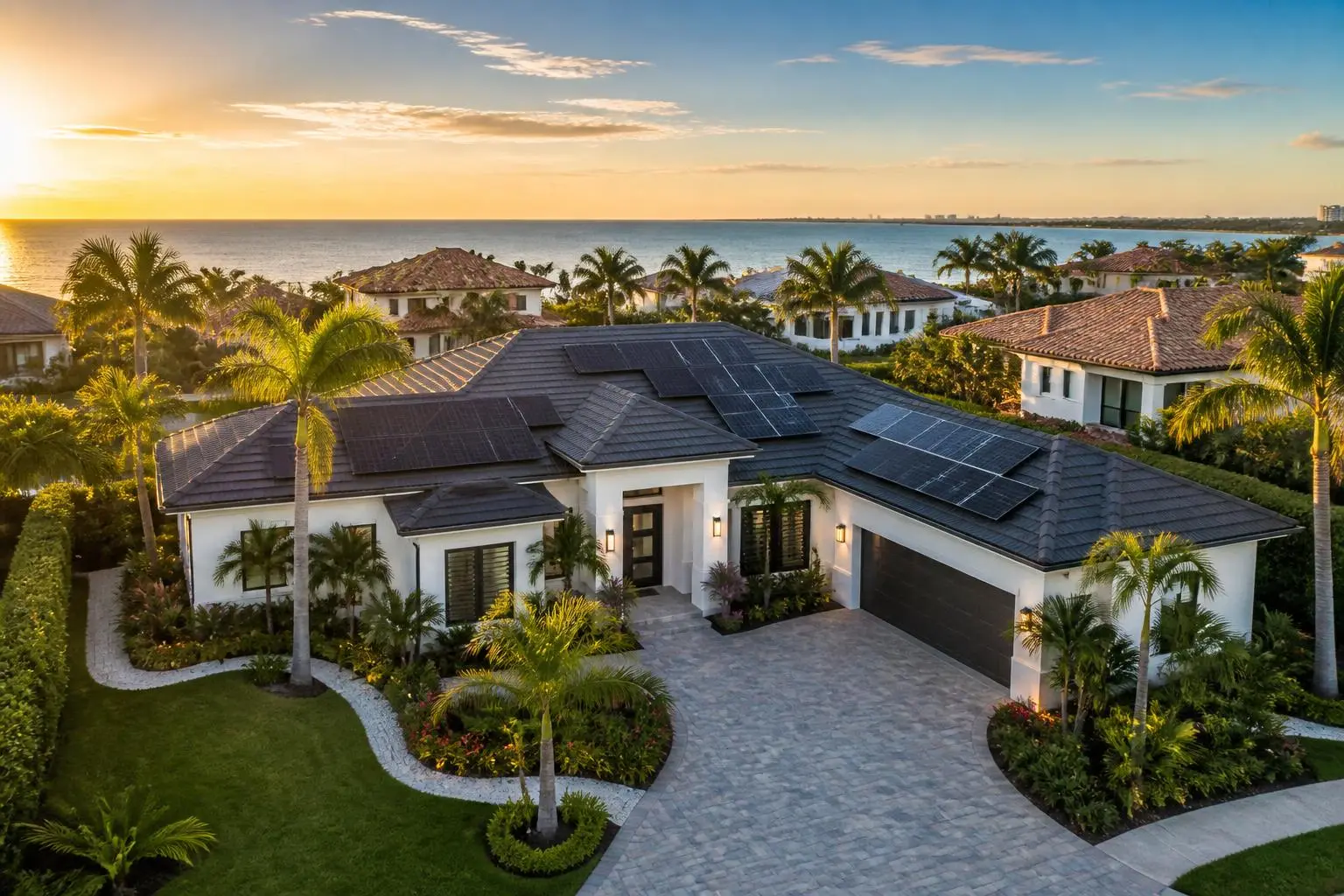 Florida home with solar panels at sunset