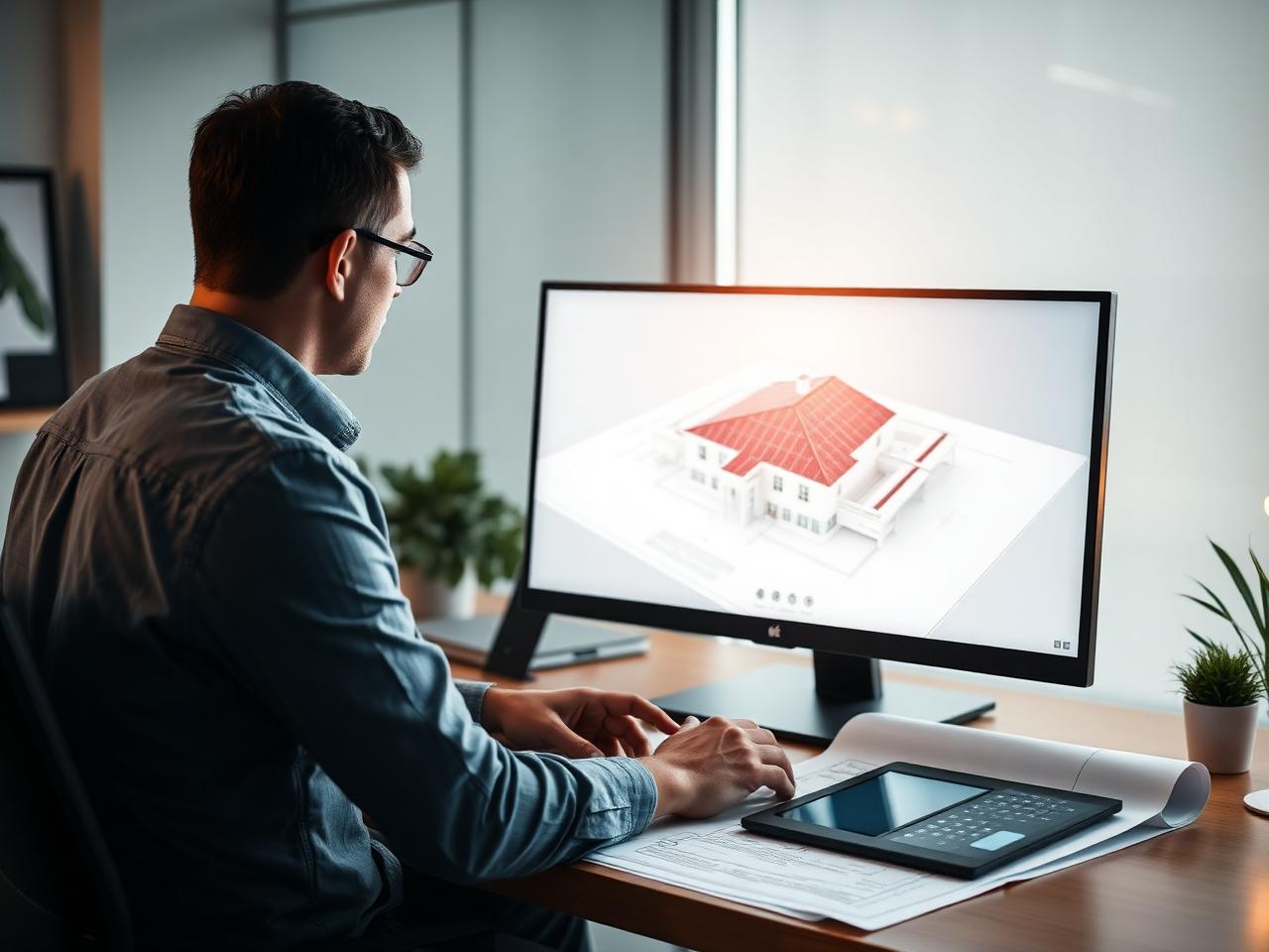 SunSurge engineer reviewing a 3D solar roof design