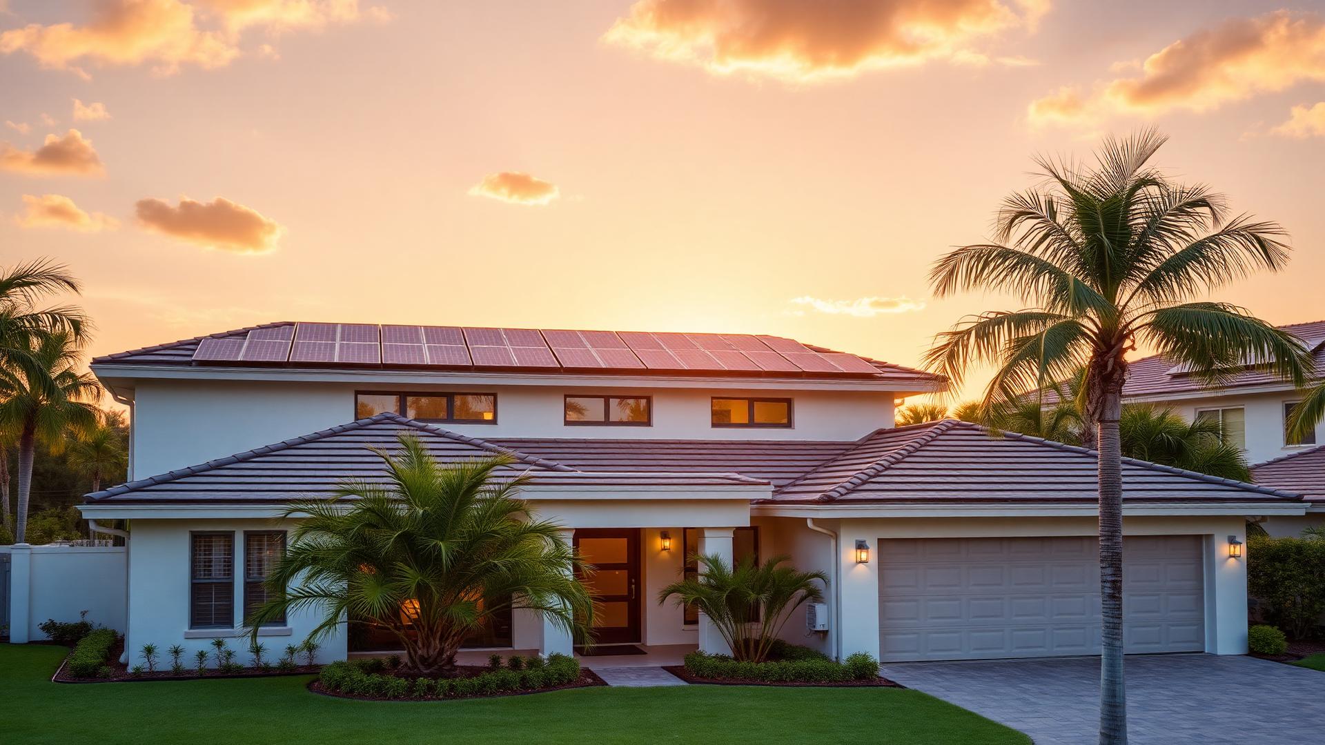 Florida home with solar panels at sunset