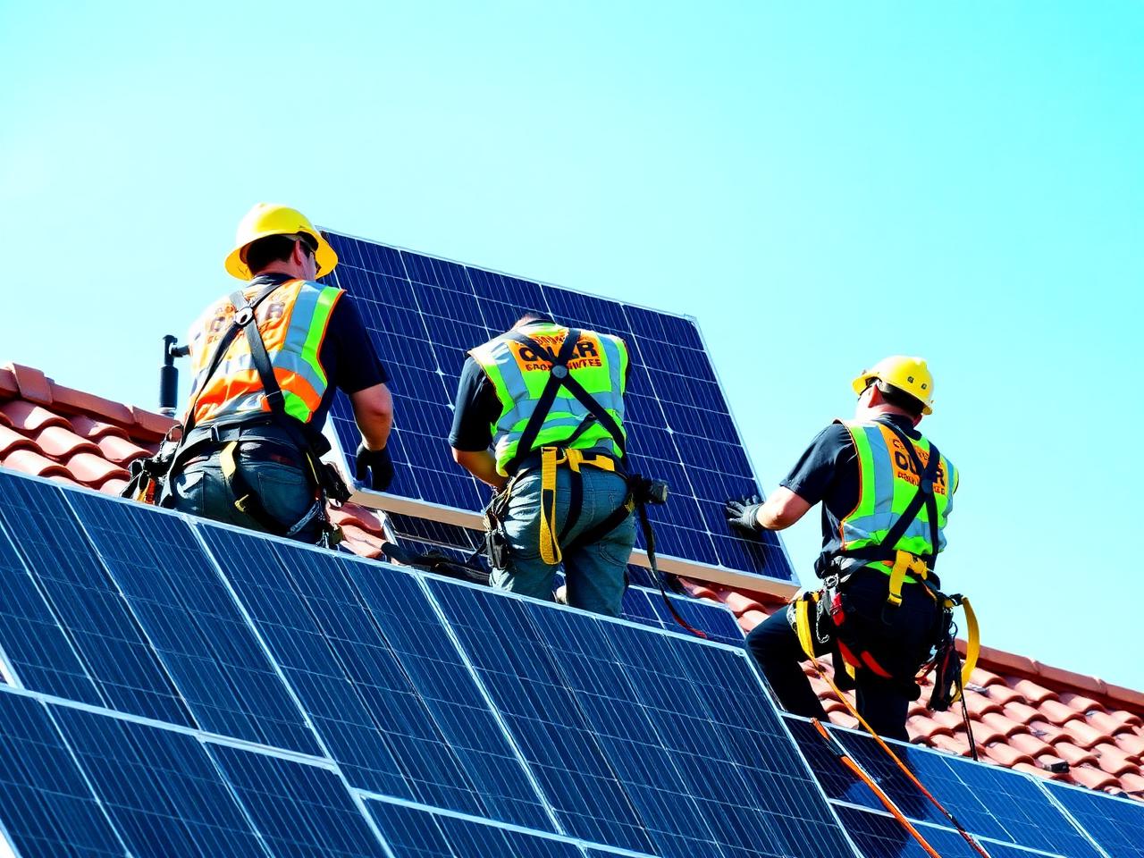 SunSurge crew installing solar panels on a tile roof