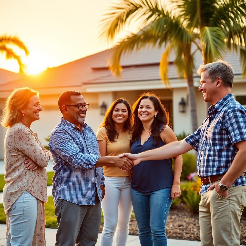 SunSurge customer and partner shaking hands at a Florida home with solar panels