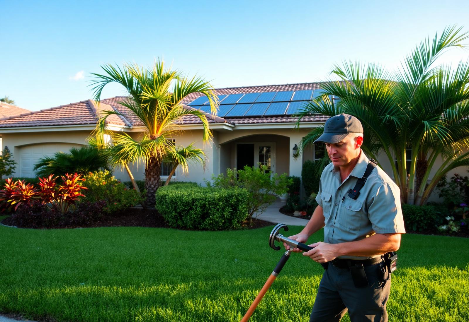 Landscaper working in the front yard of a Florida home with solar panels on the roof