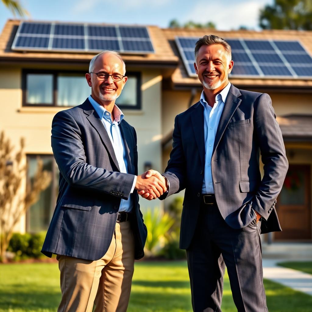 Mortgage broker shaking hands with a homeowner in front of a Florida home with solar panels