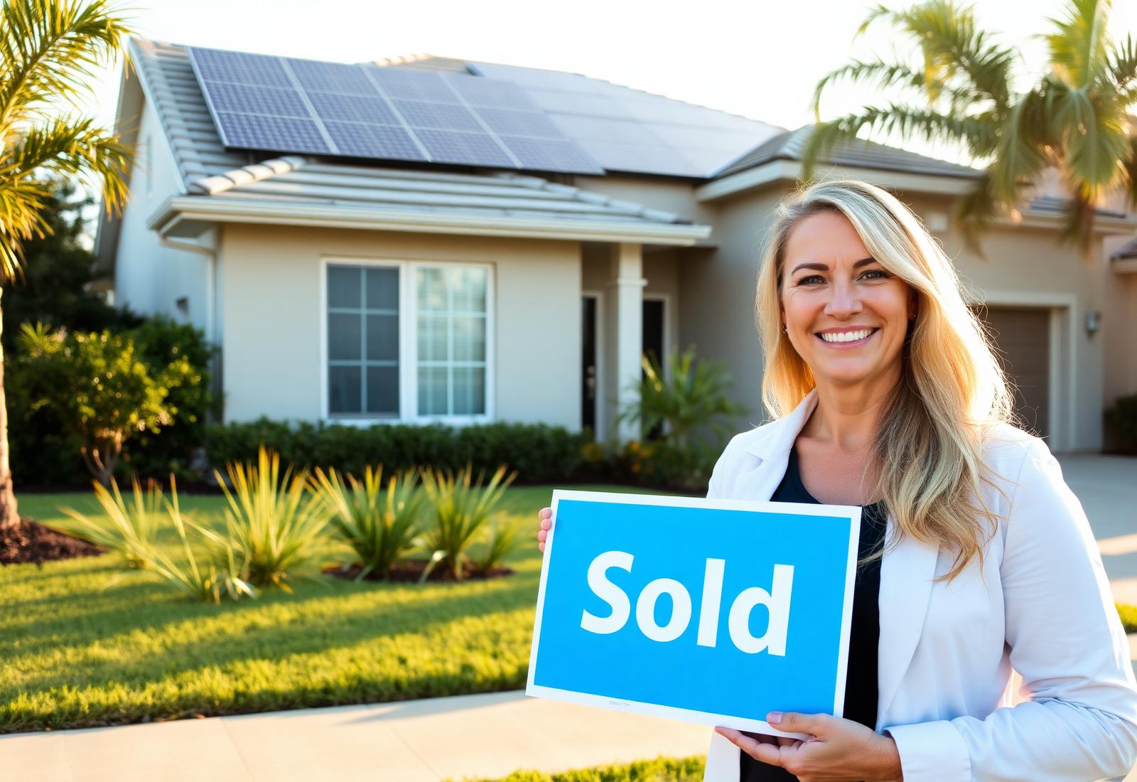 Real estate agent holding a sold sign in front of a Florida home with solar panels