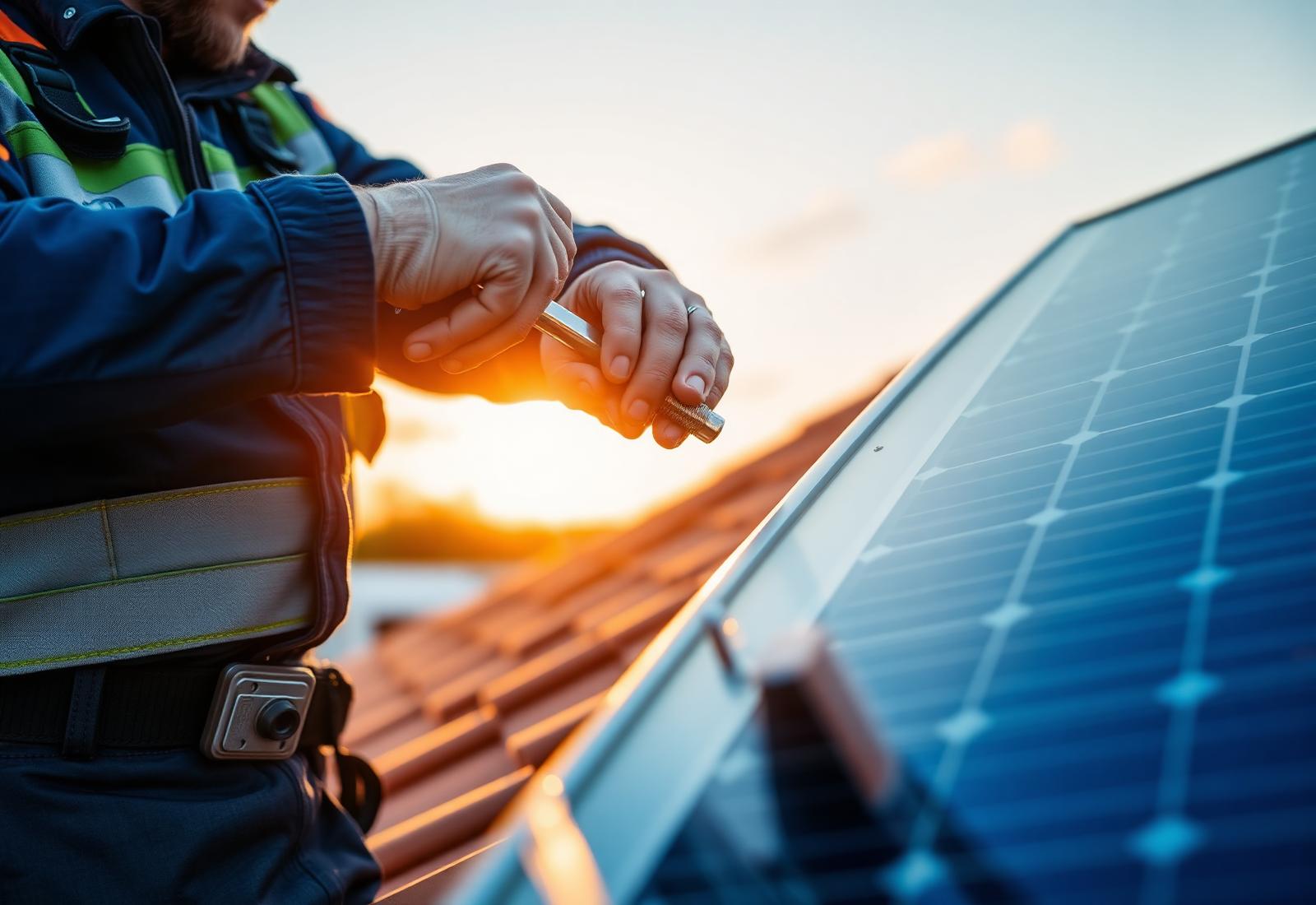 SunSurge installer torquing a solar panel mount at golden hour
