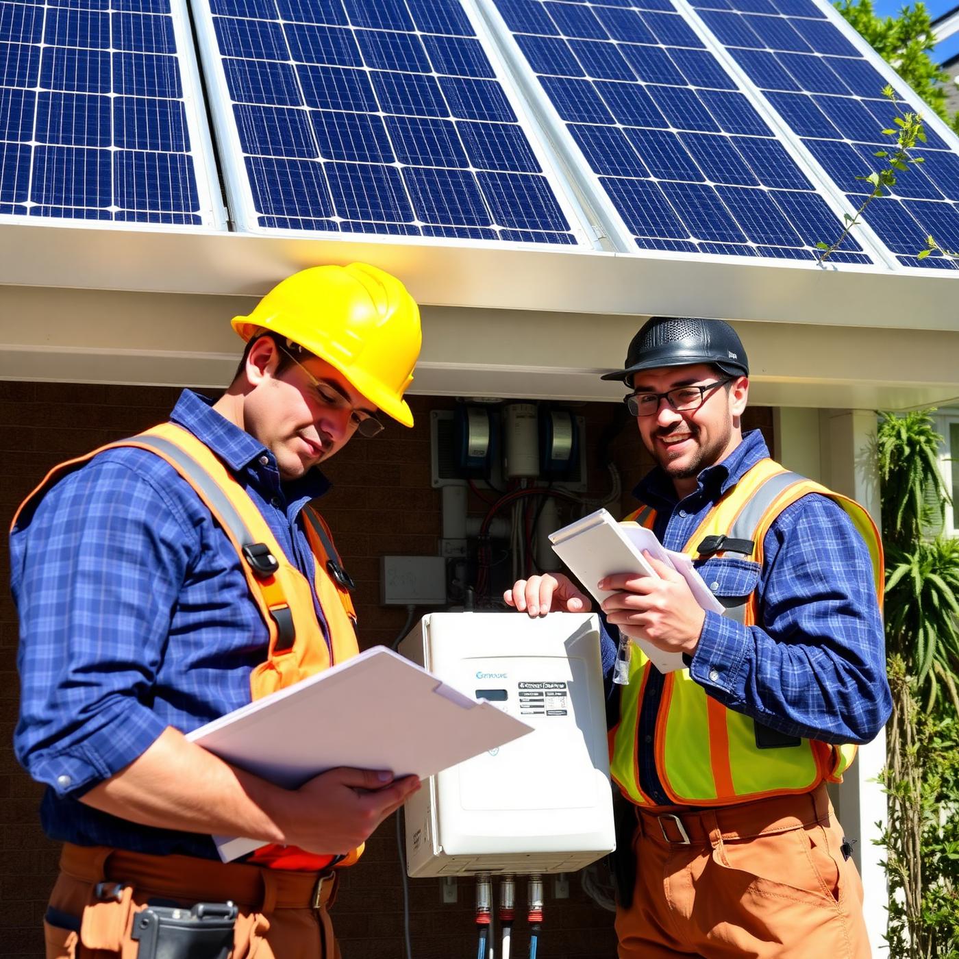 SunSurge technicians inspecting an Enphase inverter under a solar array